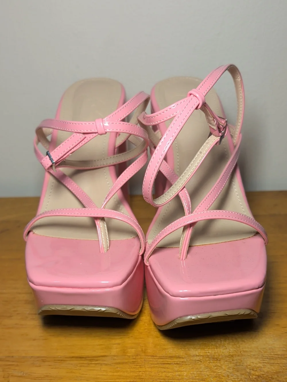 Bubblegum Pink Platform Wedge Sandals Strappy Party Heels Women's Size 8.5
